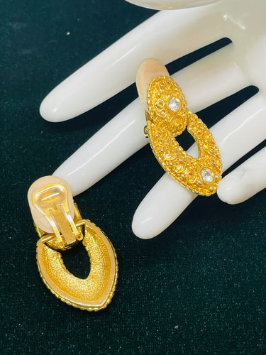 Gold Textured Door Knocker Earrings with Rhinestones